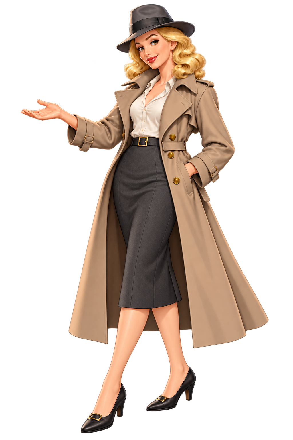 Minerva, a kind blonde human companion in a noir fedora and trench coat, welcomes you beside Crown’s door.